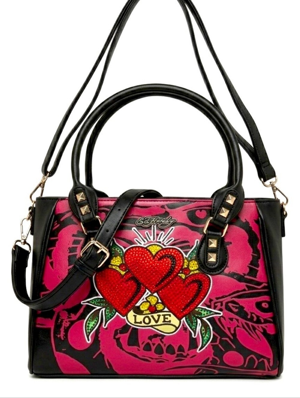 ED HARDY Rhinestone Heart Studded Insulated Satchel Tote Lunch Bag Crossbody NWT